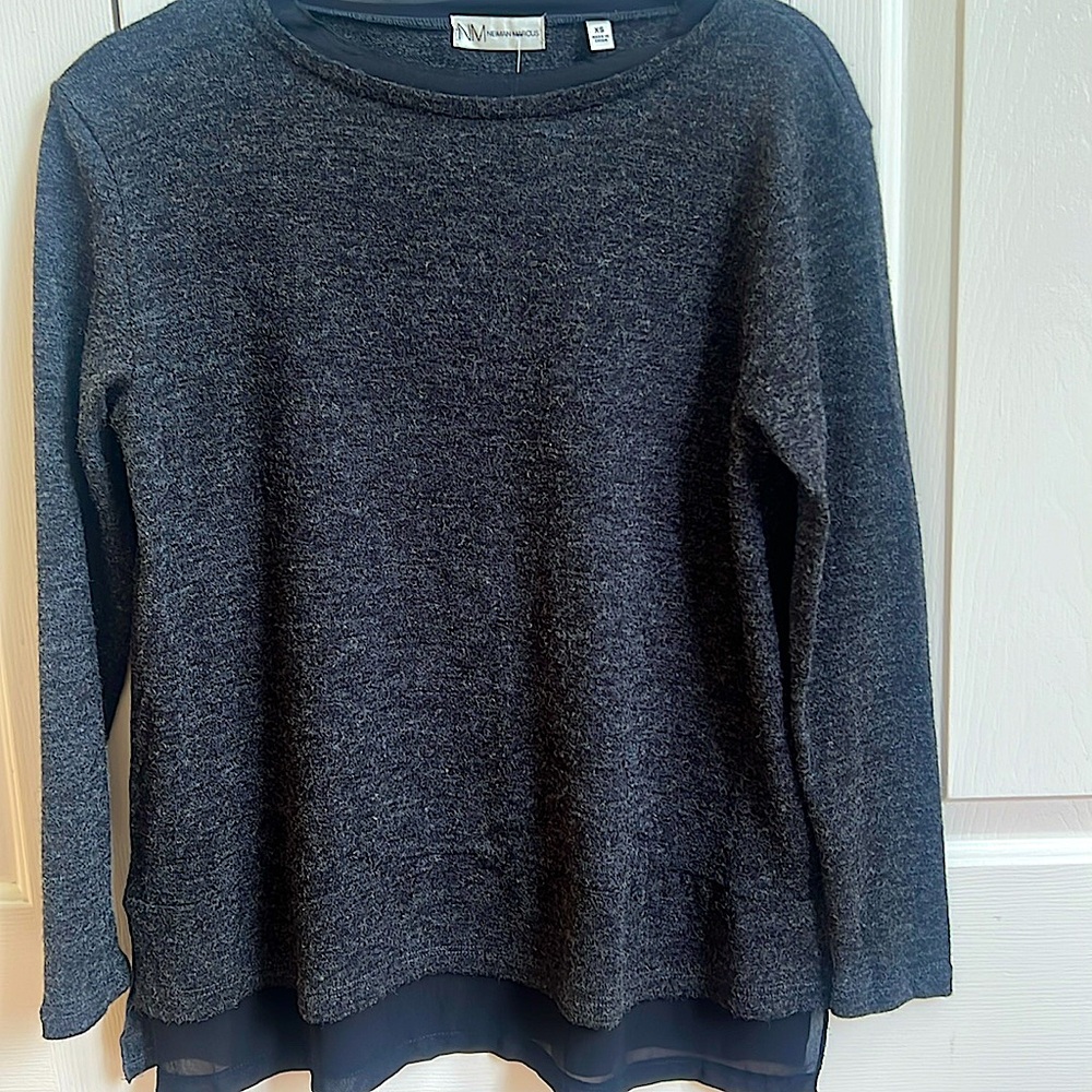 NWT Neiman Marcus black tunic style sweater with contrasting sheer trim